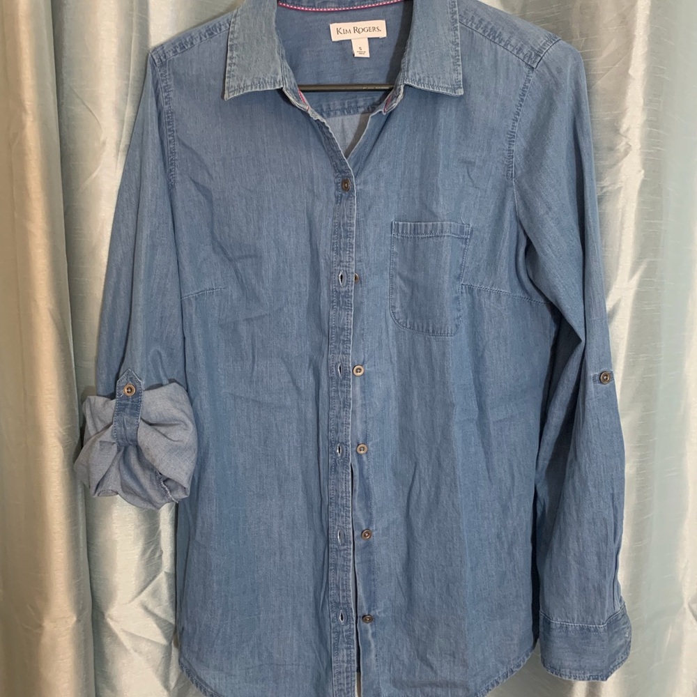 Denim light weight button down overshirt, women’s size small fits up to size 8.